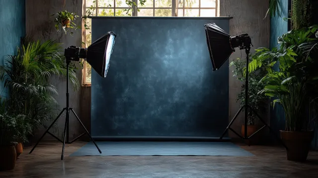 Photography studio setup with softbox lights and gray backdrop in a plant-filled interior