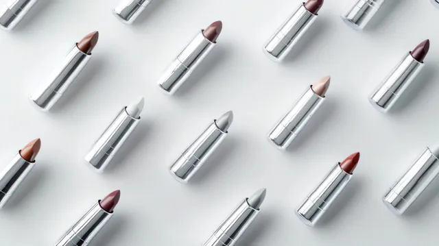 Silver metallic lipsticks arranged diagonally on a white surface, displaying nude and dark shades.
