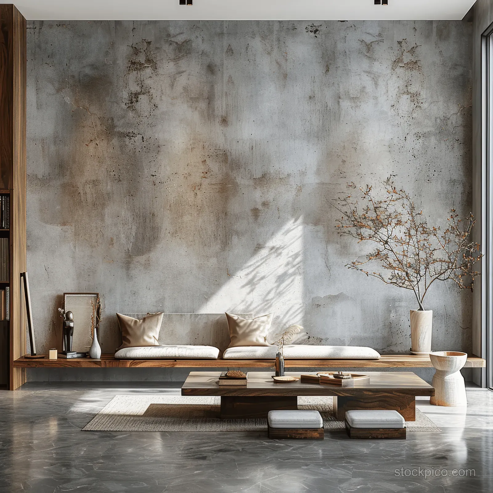 Minimalist Japandi living room with a textured concrete wall, wooden seating, and neutral cushions.