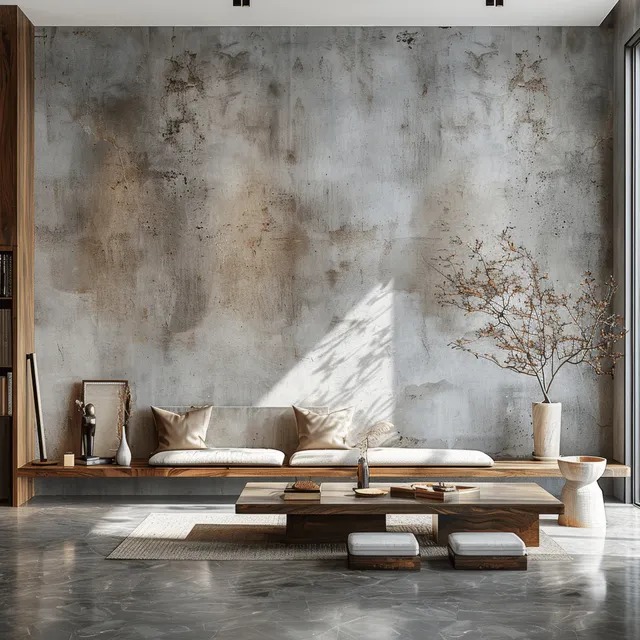 Japandi minimalist living room with concrete wall, wooden daybed, and layered light cushions