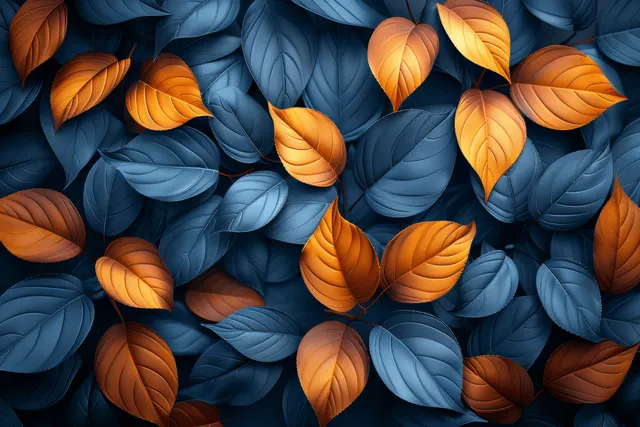 Golden and blue autumn leaves scattered across a teal textured background
