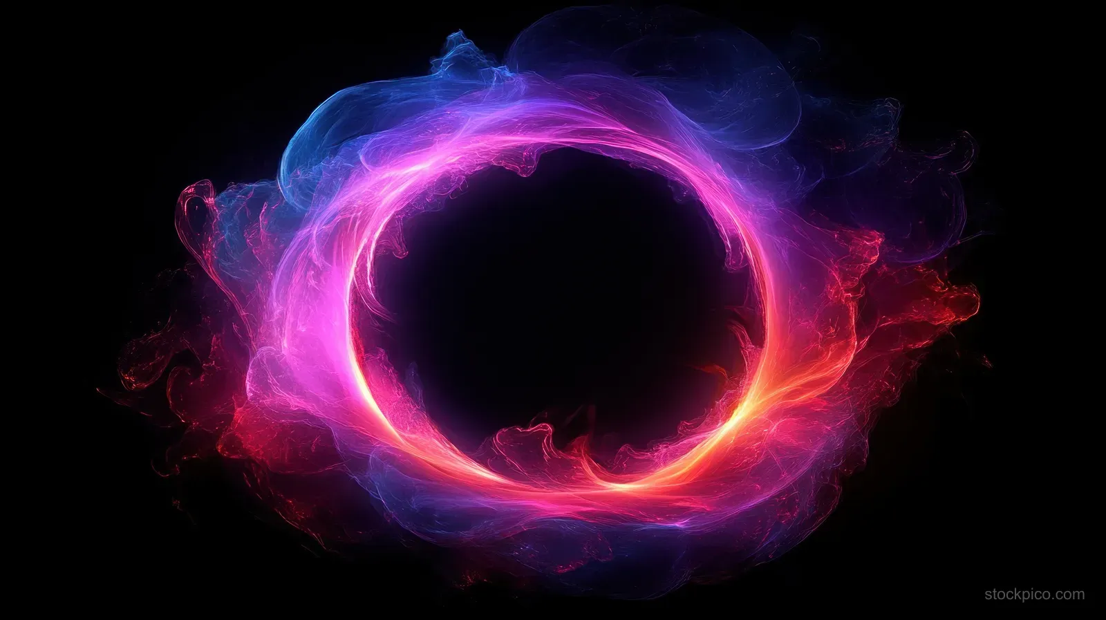 A glowing purple energy ring with fiery red sparks swirls in a dark black background.