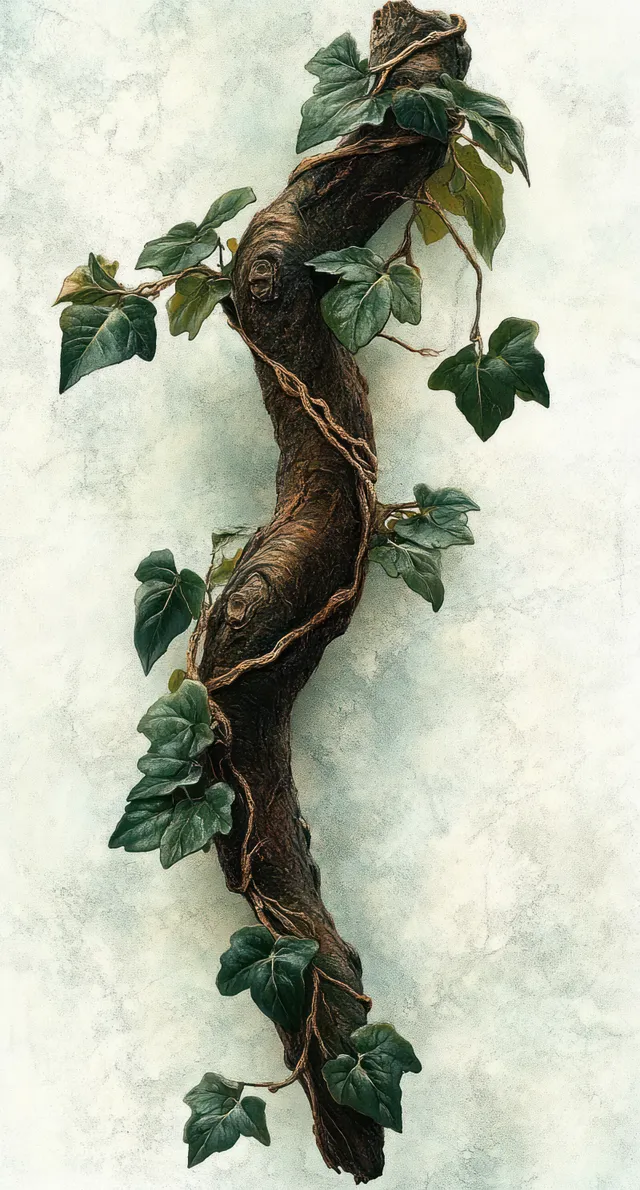 Twisted tree branch wrapped with green ivy vines and leaves against a pale textured background.