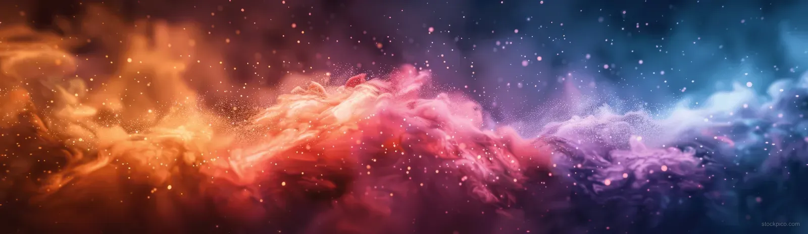Pastel watercolor abstract sky with fluffy clouds and a rainbow glow across a wide banner background.