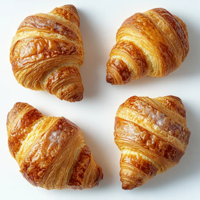 Four freshly baked golden croissants with flaky layered crust arranged on a white background.
