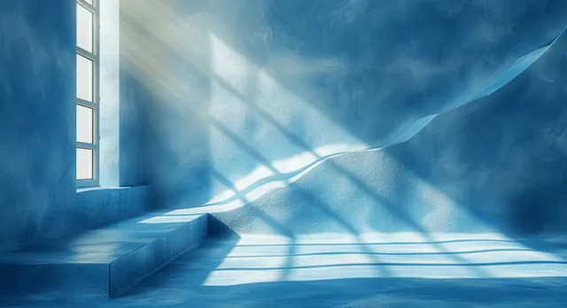 Sunlit blue interior with window shadows across smooth floor and soft gradient walls
