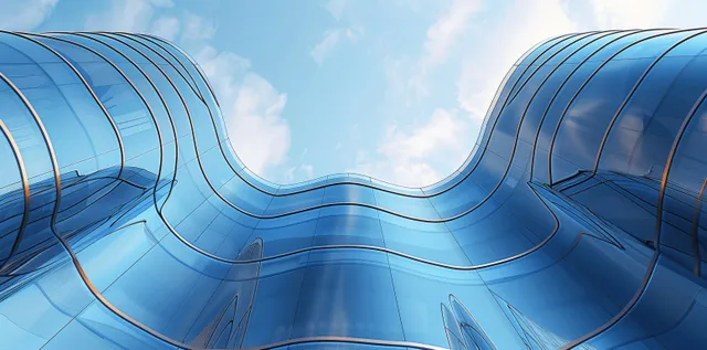Futuristic curved glass skyscraper façade with blue sky reflections, low-angle view 3D render