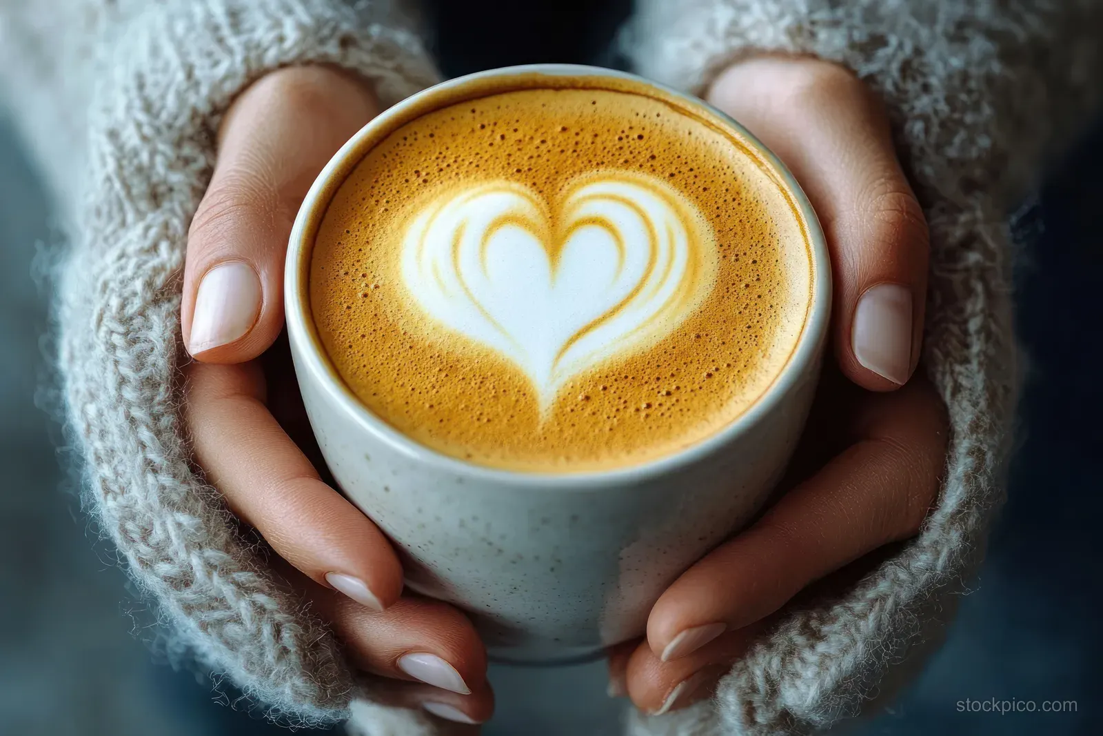 Hands hold a latte cup with heart-shaped foam art over a cool blue morning background.