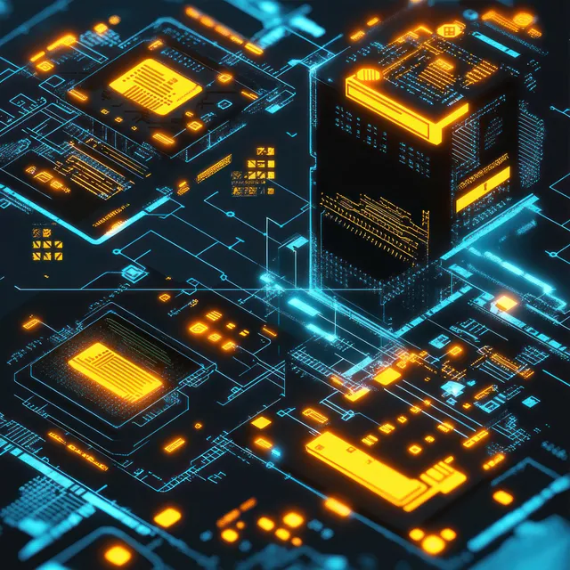 Glowing orange and blue futuristic circuit board with microchips and data connection lines