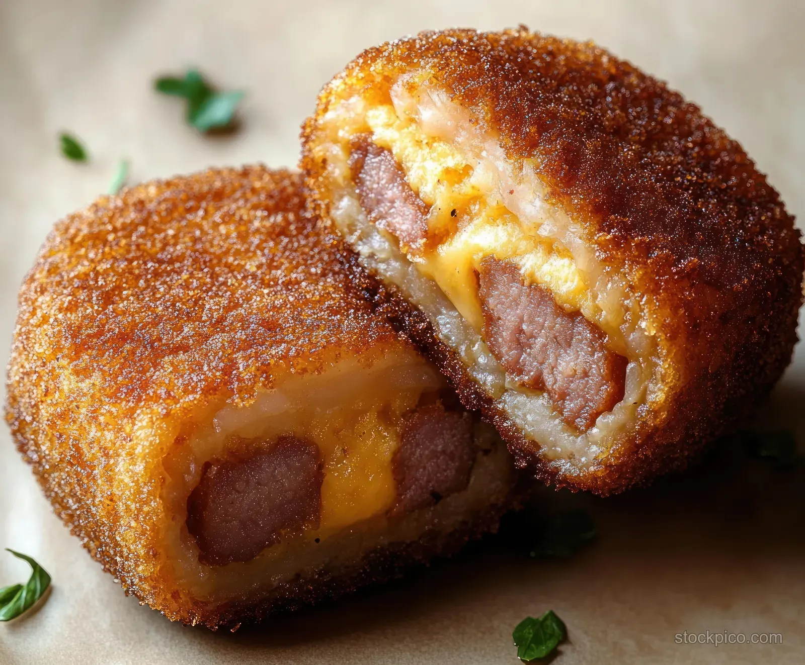 Sliced fried sausage croquette with melted cheese filling on parchment, garnished with fresh herb leaves.