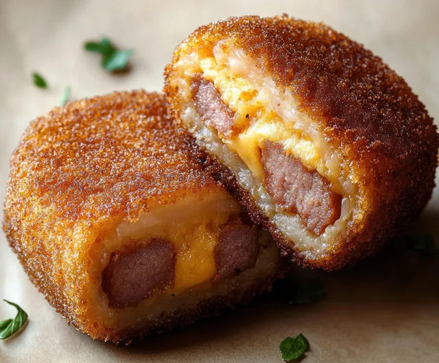 Sliced fried sausage croquette with melted cheese filling on parchment, garnished with fresh herb leaves.