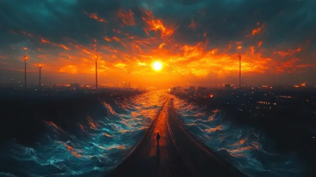 Silhouette of a lone walker on a narrow causeway, glowing storm waves and fiery clouds