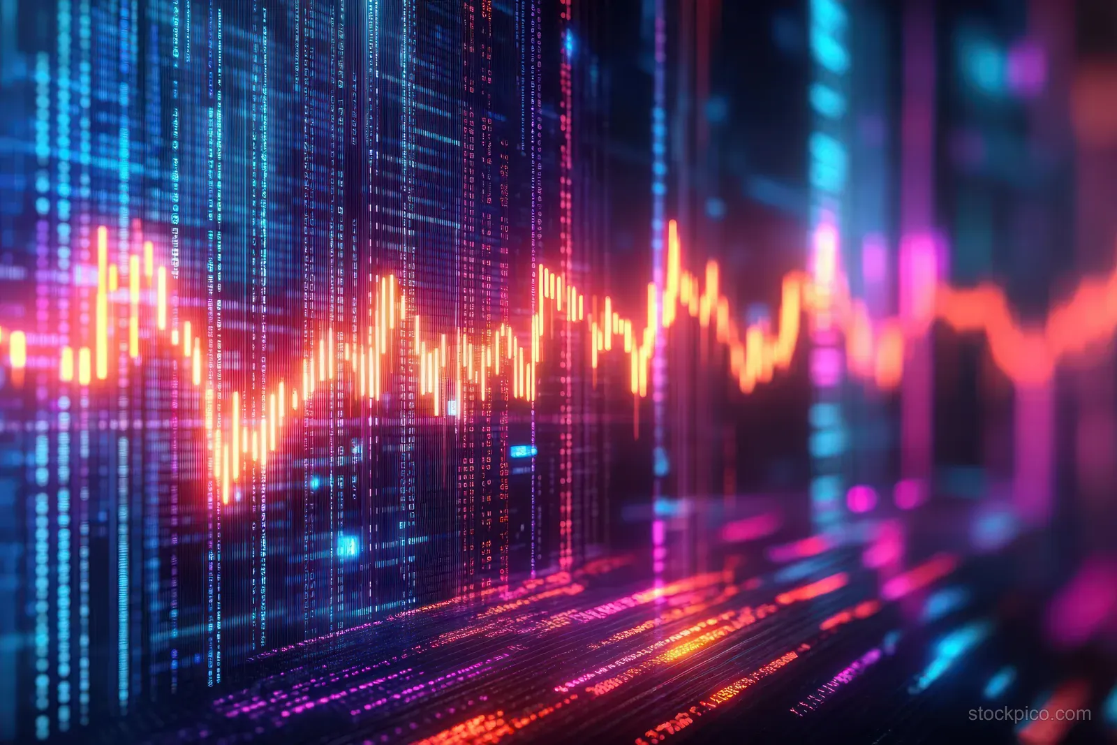 Neon cyberpunk trading chart overlays a glowing data grid with rising spikes and light trails.