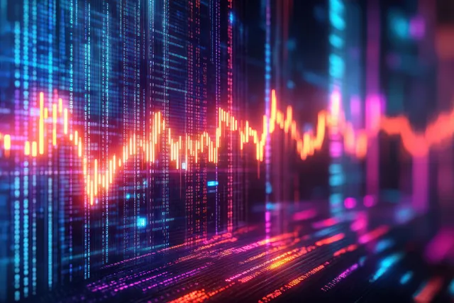 Neon cyberpunk financial chart with glowing line graph and data matrix backdrop