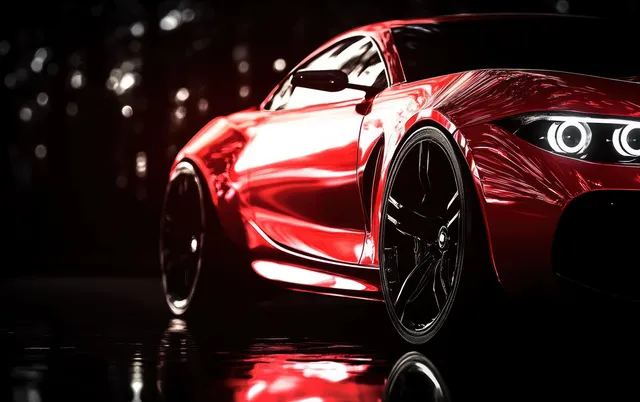 Red sports car front end with glowing headlights and chrome reflections on a dark, wet floor.