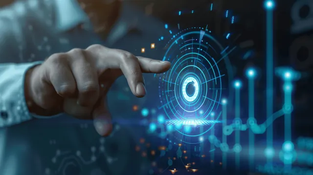 Businessman pointing at glowing target screen with rising virtual finance charts