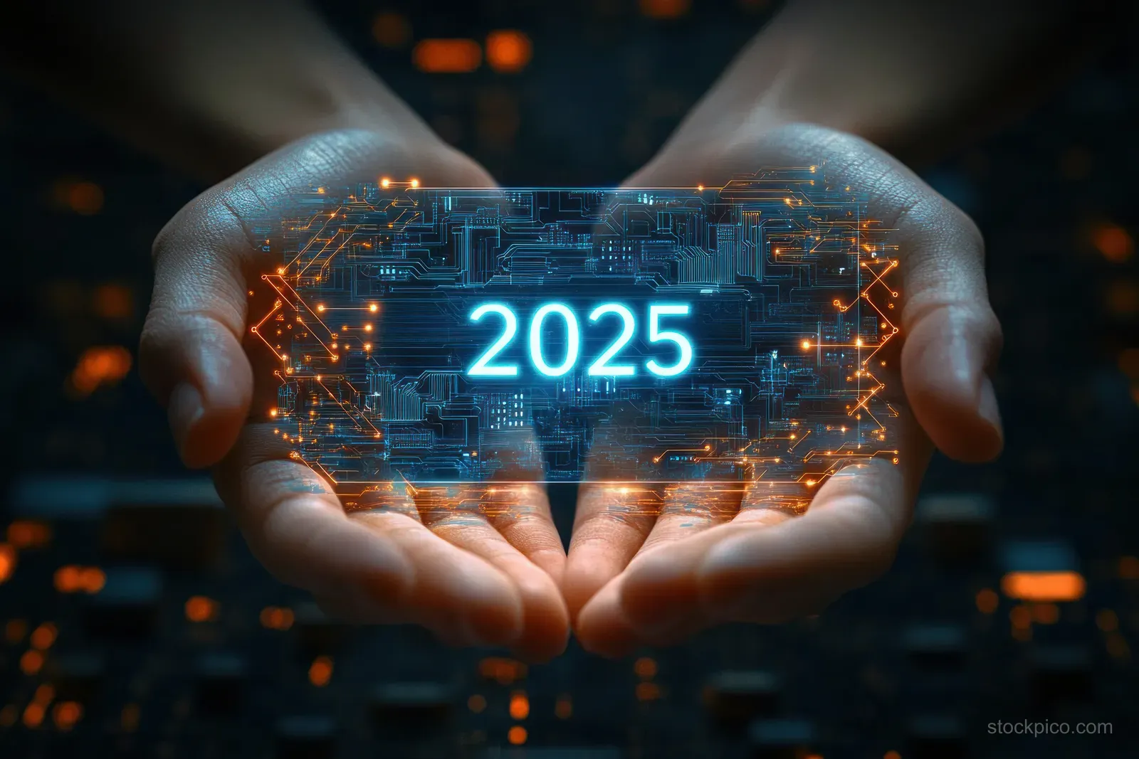 Human hands hold a glowing hologram panel reading 2025 with circuit-board patterns and orange lights.