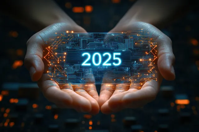 Hands holding a glowing hologram showing 2025 with circuit patterns and orange highlights