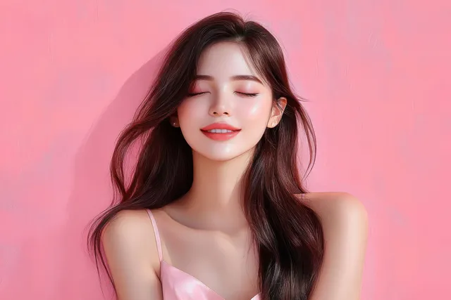A serene Asian woman with long dark hair and K-beauty makeup smiles in front of a solid pink background.