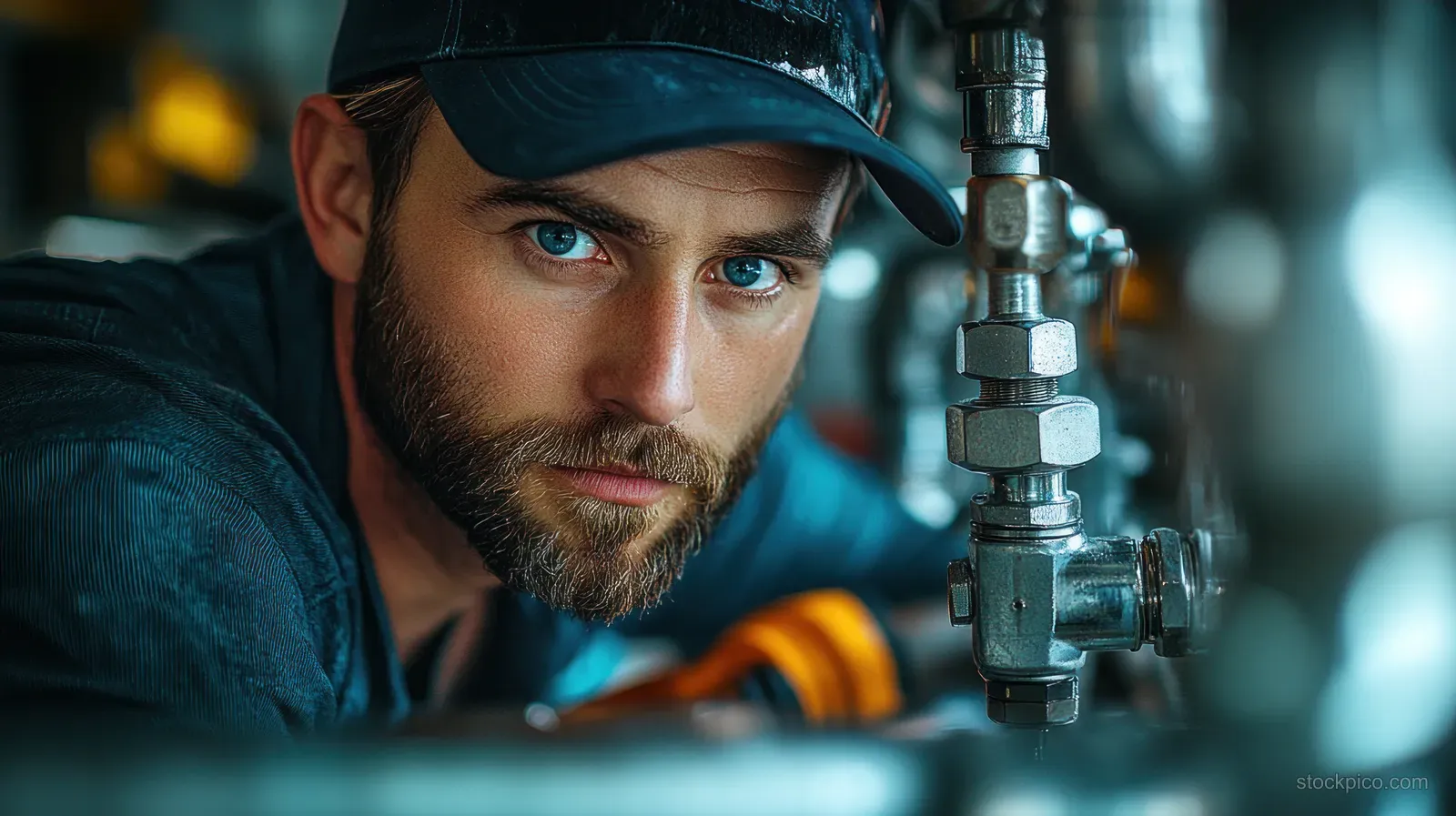 A plumber tightens a valve under a bathroom sink next to exposed metal water pipes.