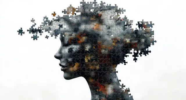 Side profile head silhouette assembled from jigsaw puzzle pieces blending into smoky brain patterns on white.
