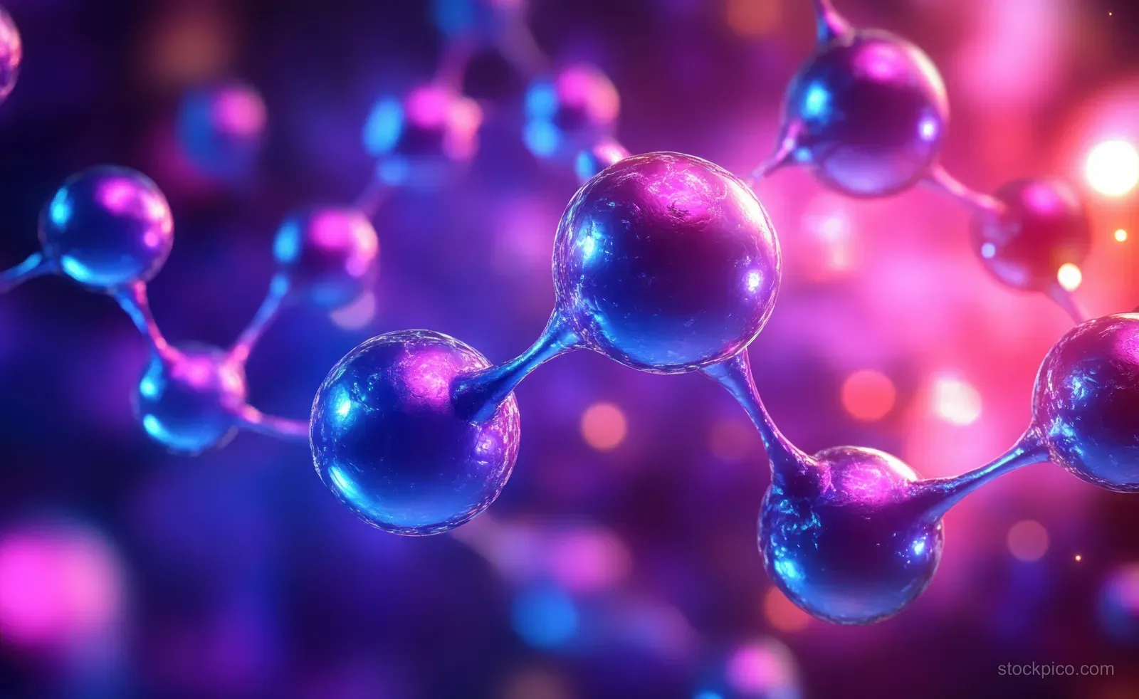 Glowing 3D molecule spheres connected by thin bonds float against a purple blue bokeh background.