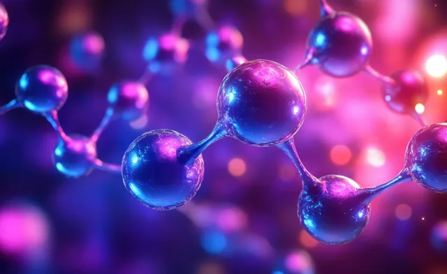 Glowing 3D molecule spheres connected by thin bonds float against a purple blue bokeh background.