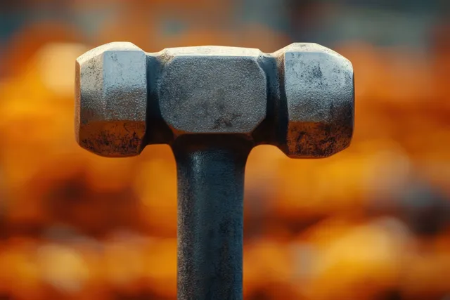 Worn steel sledgehammer head centered in close-up with a blurred warm workshop background.