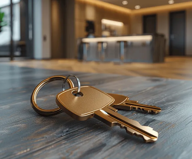 Gold keys on apartment table beside open-plan kitchen, blurred living area