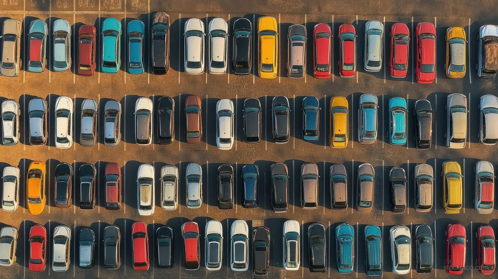 Aerial top view of colorful cars parked in parallel rows in a crowded parking lot.