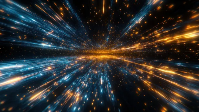 Blue and gold particle streaks radiate outward from the center over a dark space background.