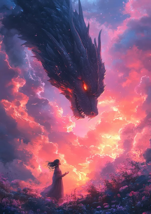 A girl in a kimono summons glowing magic while a dragon flies above under vivid sunset clouds.