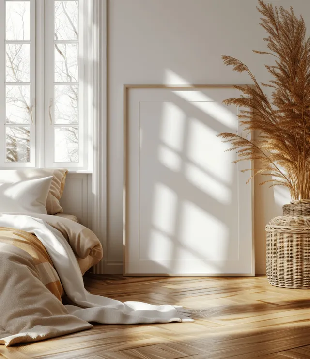 Scandinavian bedroom interior showing a plaid bed, wooden floor, and an empty framed wall mockup in bright sunlight.