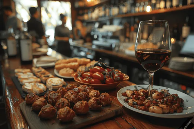 Mesa de bar de tapas con iluminación cálida, copas de vino tinto y pequeños platos españoles de chorizo y patatas.