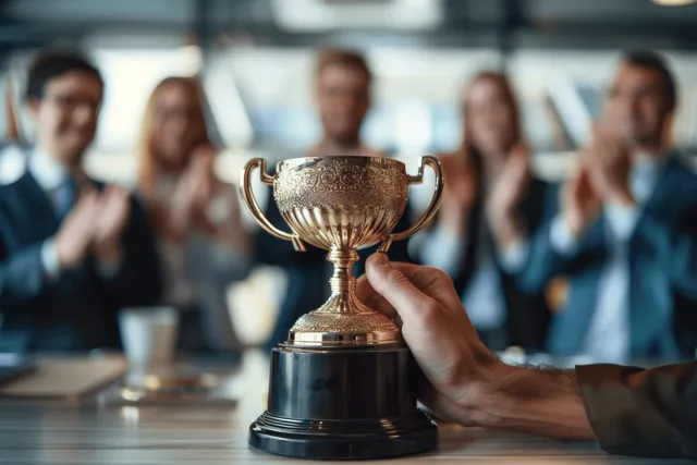 A gold trophy sits on a conference table as a hand presents it behind blurred coworkers.
