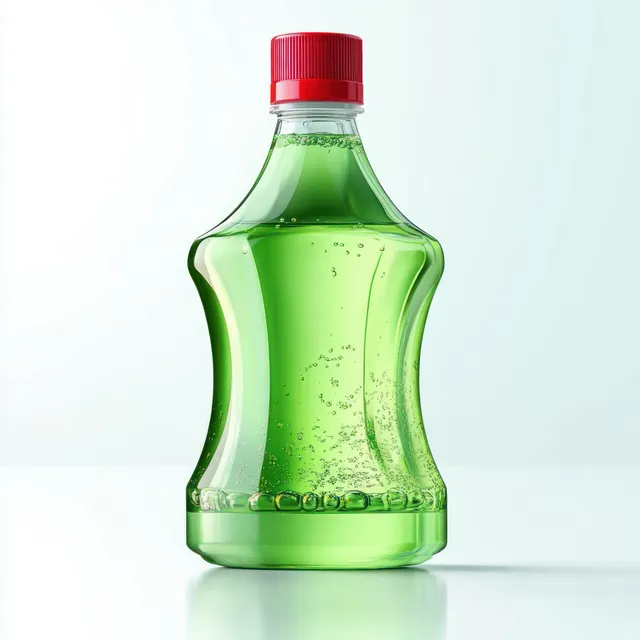 Green liquid dish soap bottle with a red cap isolated on a white background with visible reflections.