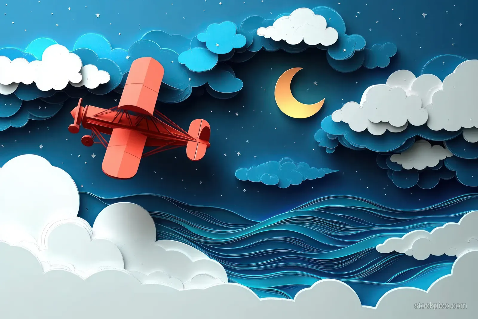 A vintage biplane flies across a moonlit night sky with stars and layered paper-cut clouds.