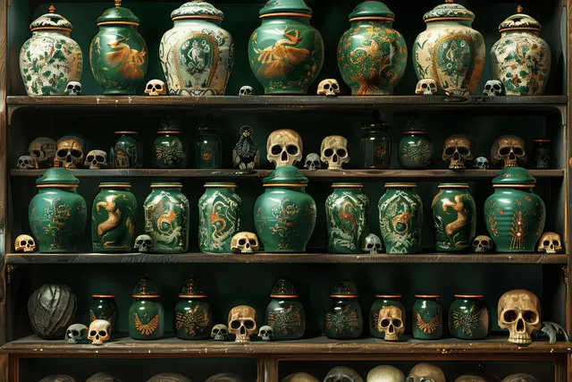 Dark apothecary shelves lined with green potion jars and skull decorations in a gothic interior.