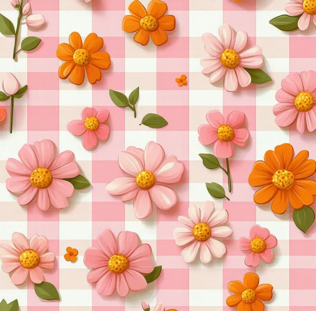 Orange and pink blossoms with green leaves scattered over pink-and-white checkered pattern