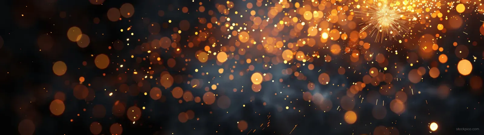 Golden sparkler bokeh fireworks glow over a dark New Year night banner background.