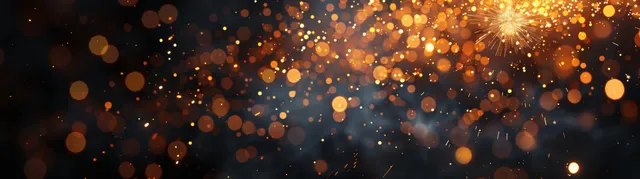 Golden New Year fireworks bokeh with sparklers glow across dark night banner background