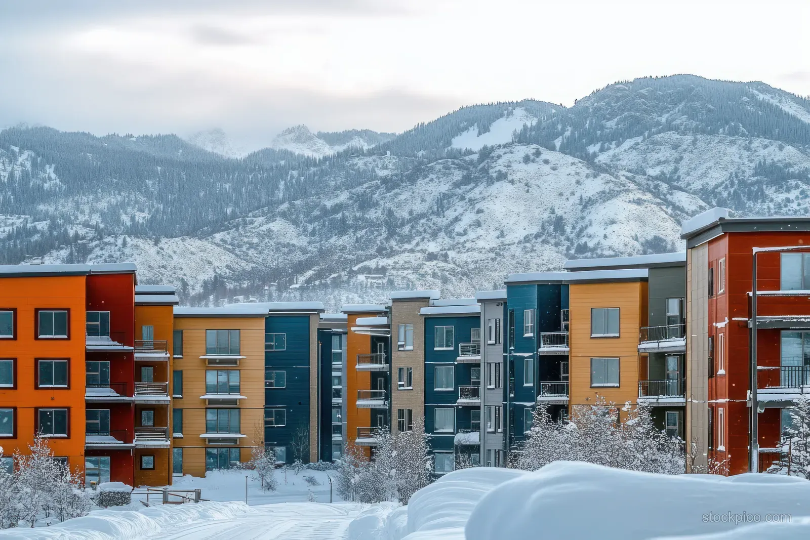 Colorful apartment buildings with balconies are surrounded by fresh snow, with snowy mountains under an overcast sky.