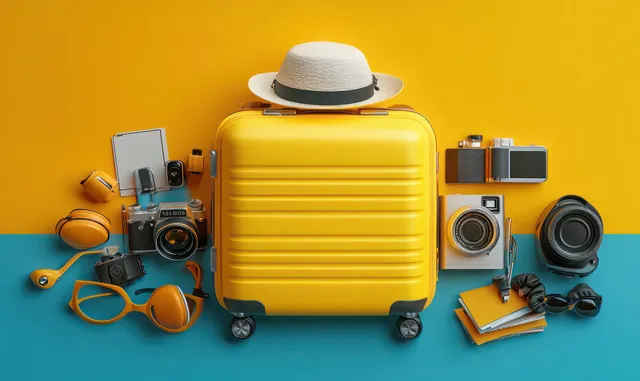 Yellow suitcase centered on a flat lay with camera, sunglasses, hat, and travel postcards around it.