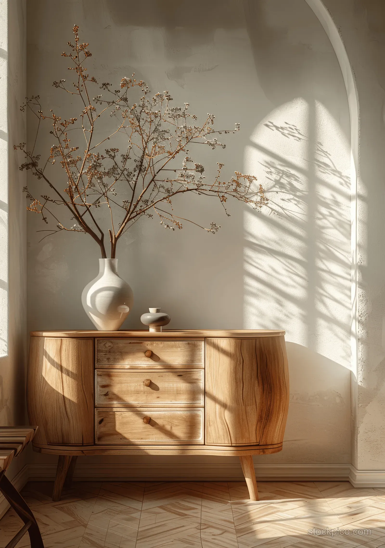 Light wood sideboard with vase and small decor in a sunlit minimalist bedroom with parquet floor shadows.