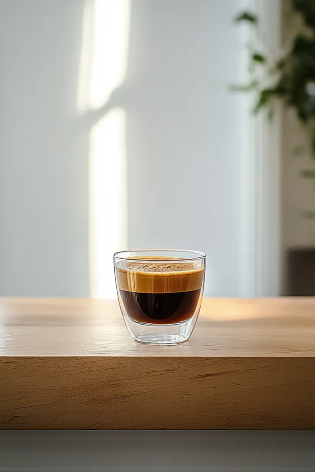 Single espresso in small glass cup on wooden table with soft morning window light