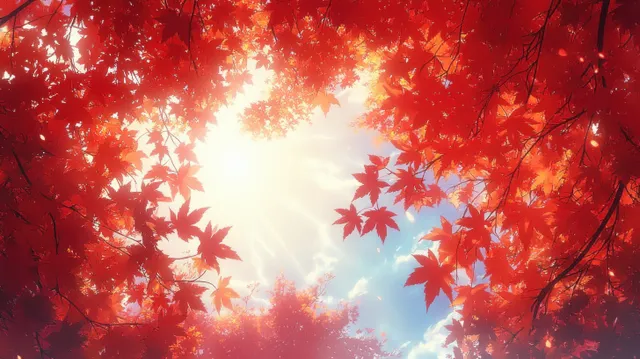 Red and orange maple leaves arch overhead, framing a bright sunburst over a blue autumn sky.