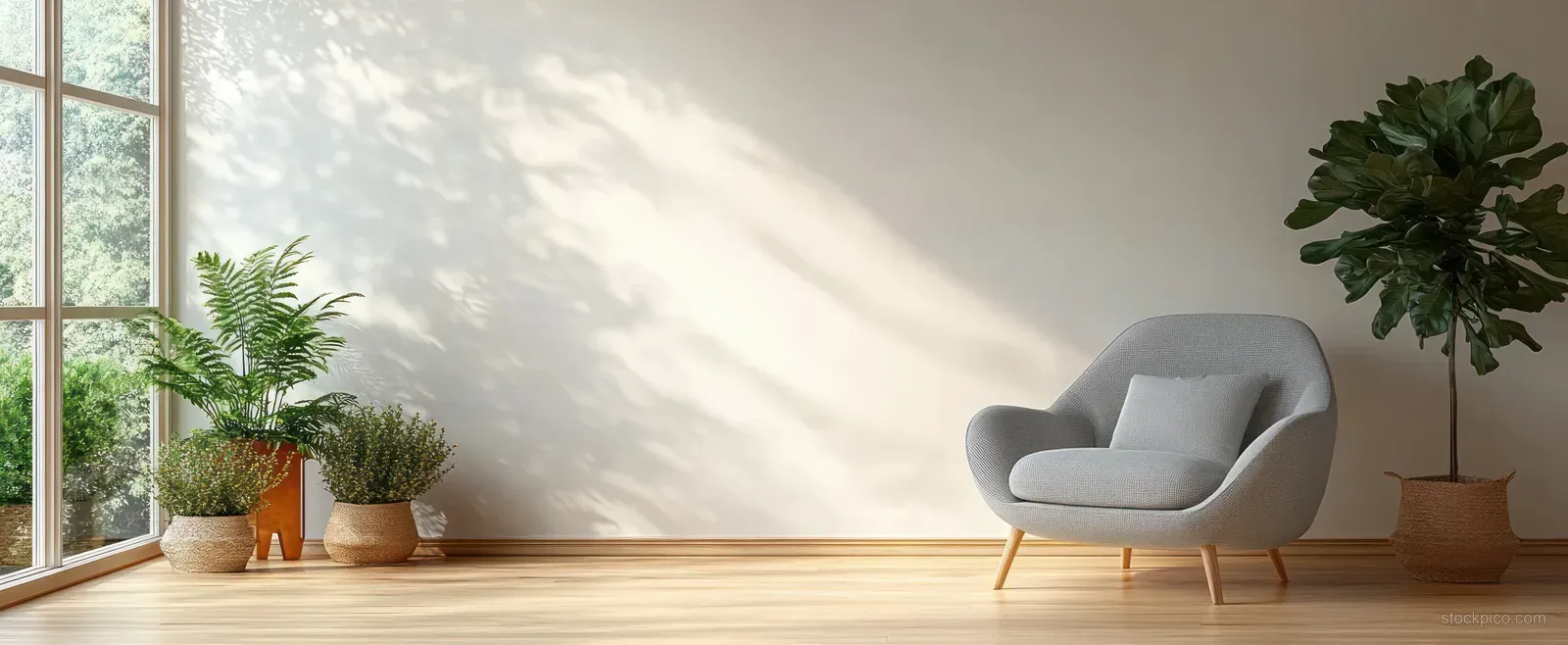 Gray armchair sits on wooden flooring in a bright Scandinavian living room beside potted plants and a large window.