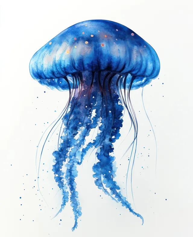 Watercolor blue jellyfish floating underwater with delicate tentacles and soft bubble speckles