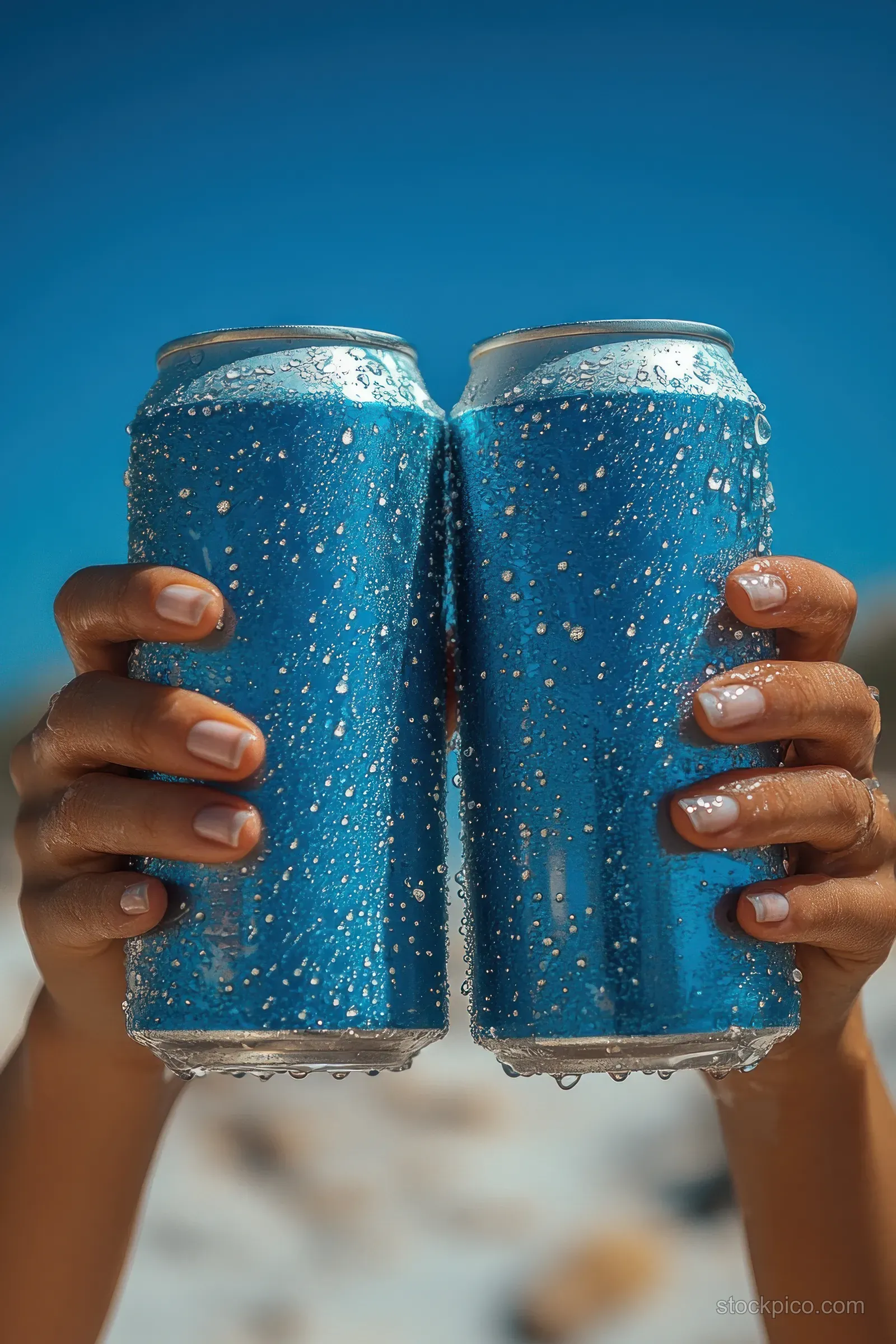 Two hands clink two blue soda cans with condensation droplets against a solid blue background.