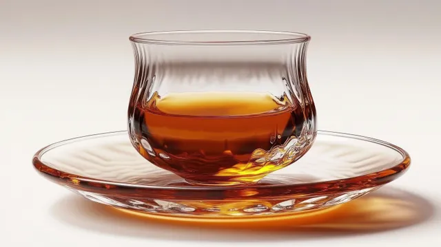 A transparent glass cup filled with warm amber liquid sits on a matching saucer, illuminated by soft light and reflections.